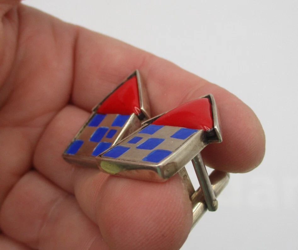 STERLING SILVER CUFFLINKS ~ RED & BLUE ENAMEL HOUSE ~ SIGNED RW - Image 2 of 4