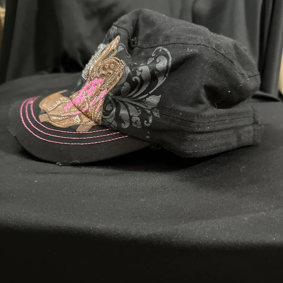 Crystal Cowgirl & Cowboy Boots Distressed Black Cadet Cap - Image 4 of 4