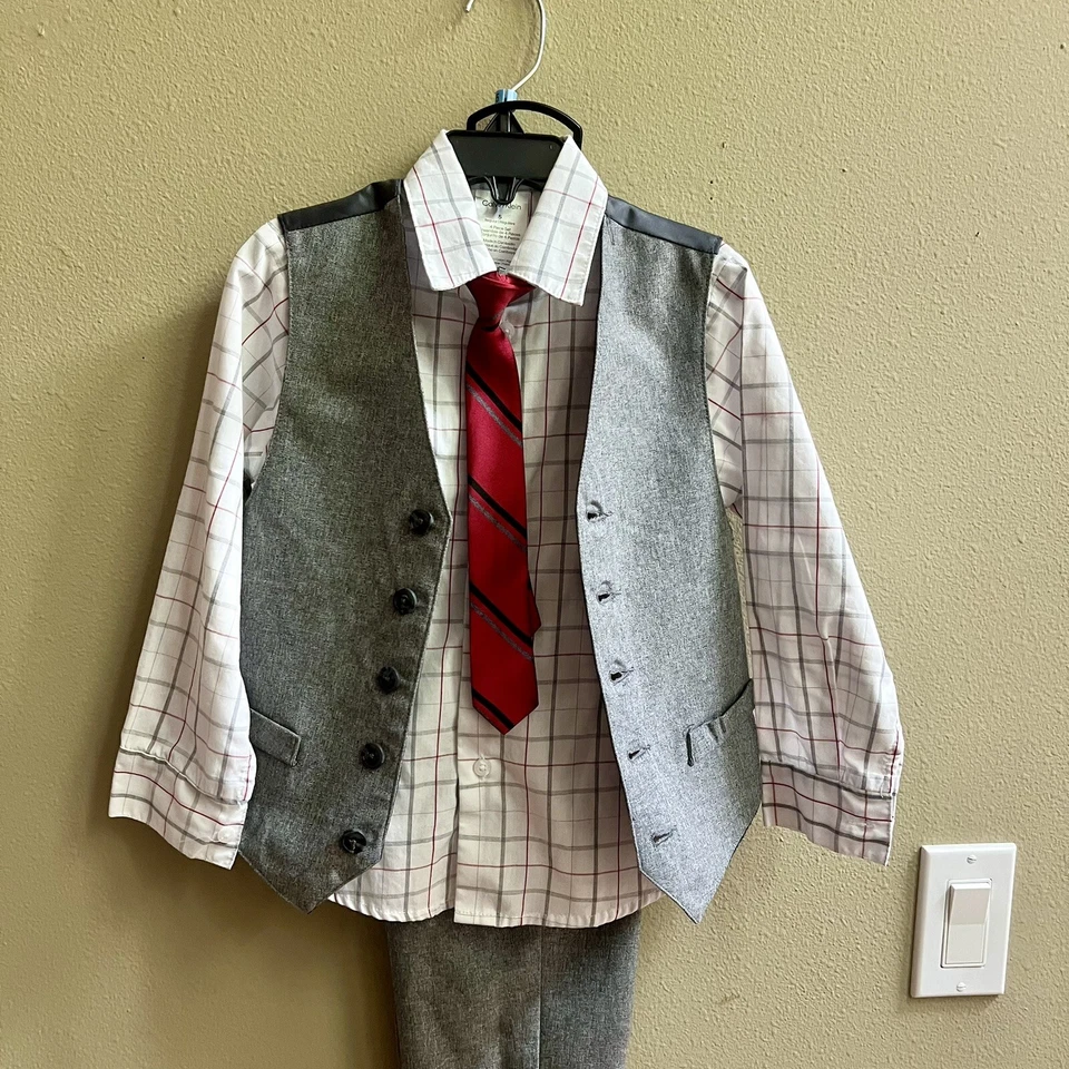 Calvin Klein 4 Pc Suite Set Boys Sz 5 Gray Red White Pants Best Tie Button Up - Image 2 of 4