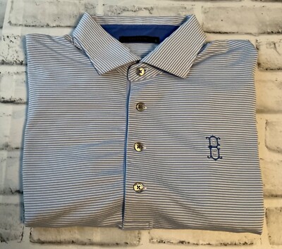 Greyson Shirt Mens Large Blue Striped Polo Performance Stretch Breathable Logo