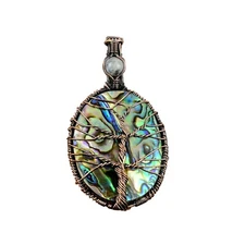 Copper Oval Abalone Shell Gemstone Rainbow Moonstone Tree Of Life Mother Pendant