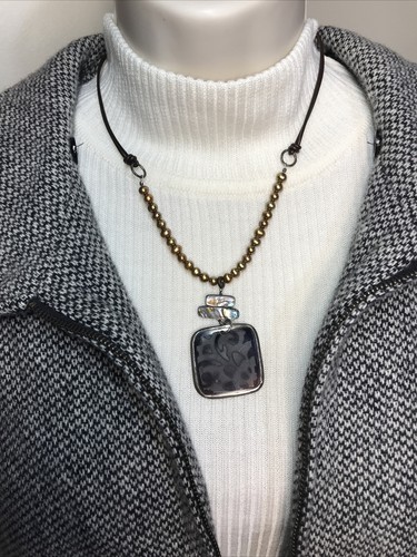 Silpada 925 Abalone Shell Bronze Pearl Pen Etched & Leather Necklace 16” + 2” Ex