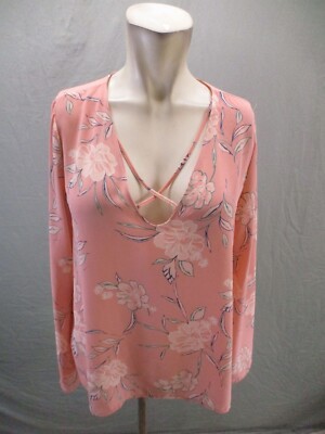 LUSH Size M Womens Peach Floral Cross Plunging Neck Long Sleeve Flowy Blouse 620
