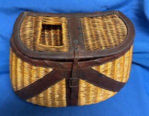 Panier Créel Osier Et Cuir – Pêche à La Mouche – Vintage – Ancien