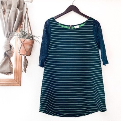 Anthropologie Postmark Medium Green Navy Striped Tunic Top