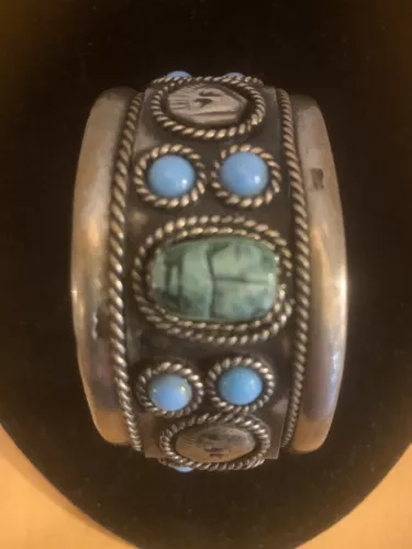 Vintage Silver Scarab Egyptian Cuff 1 1/2" wide