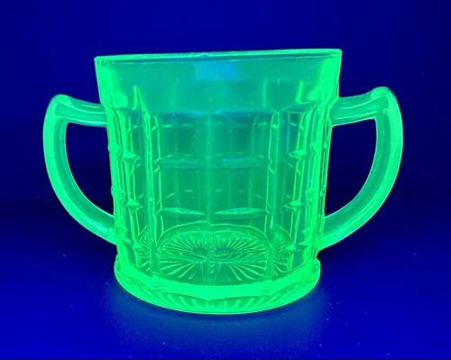 Vintage Depression Uranium 2 Handled Block Optic Green Sugar Bowl By AH