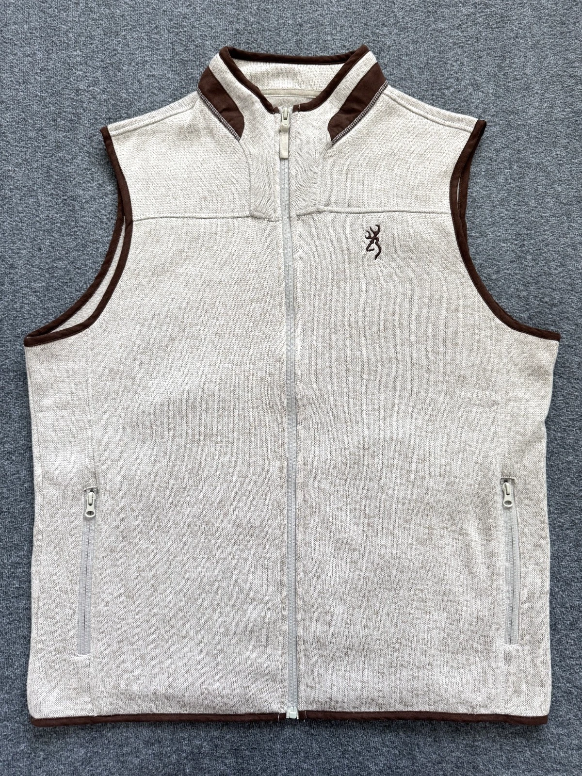 Browning Hell's Canyon Fleece Vest XL Heather Oatmeal Tan Full Zip Buckmark Logo