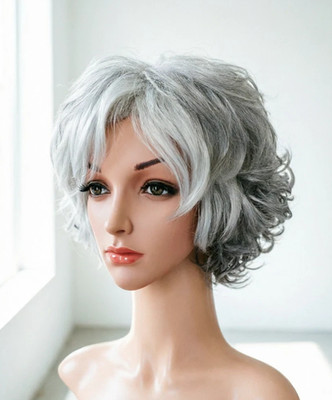 Short Silver Gray Layered Pixie Cut Wig with Bangs Grandma Wig Old Lady Wig Soft
