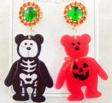 NWOT ASYMMETRICAL JACK-O-LANTERN/ SKELETON TEDDY BEAR HALLOWEEN ACRYLIC EARRINGS
