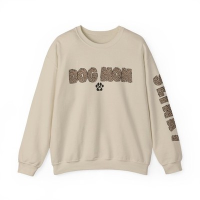 Custom cheetah print dog mom sweatshirt with pet name on sleeve