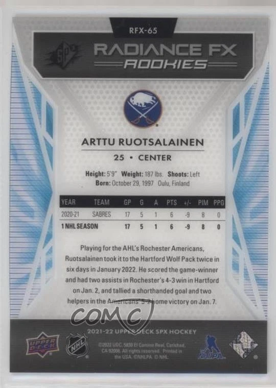 2021-22 SPx Radiance F/X Red /150 Arttu Ruotsalainen #RFX-65 Rookie RC - Image 2 of 2