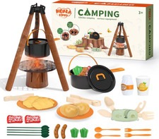 Kids Camping Toy Set, Pretend Play Cooking Set with Spray Stove, Food Toys, Tabl