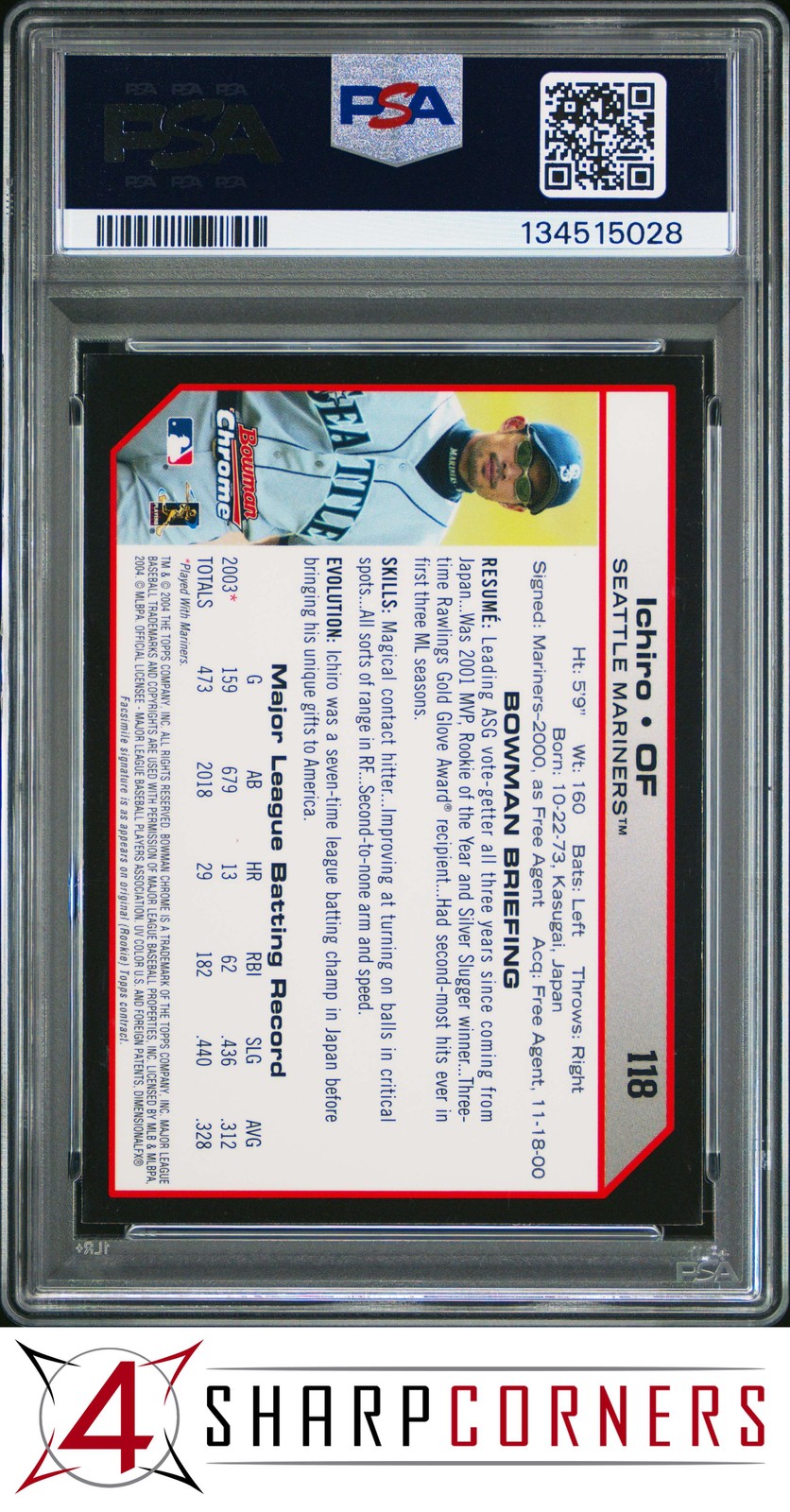 2004 BOWMAN CHROME #118 ICHIRO SUZUKI HOF PSA 9 view 2