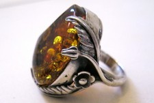 Genuine Baltic Amber Floral Sterling Silver Ring sz 7.25, heavy 14.2g