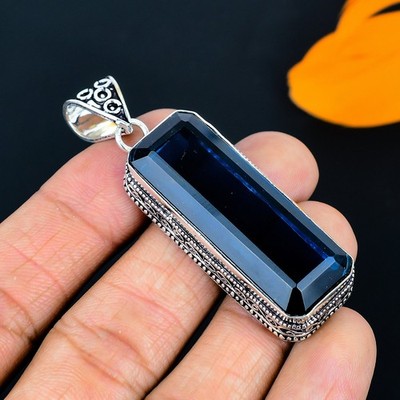 London Blautopas Edelstein Handarbeit 925 Sterlingsilber Schmuck Anhänger 2,31''
