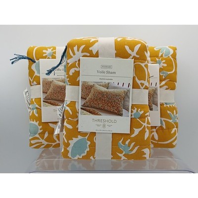 Lot of 3 Threshold Voile Sham Standard Mustard Yellow Blue Floral Quilted Cotton