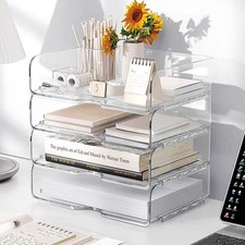 Clear Stackable Paper Trays 4 Pack, PET Letter Tray Desk Organizer, Desktop Orga