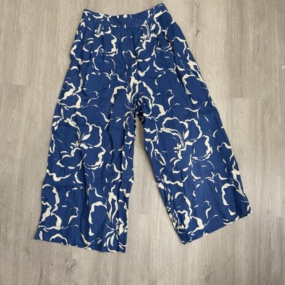Olivia by Livro Nadia Wide Leg Pants S Blue Ibisco Floral Linen Resort Coastal