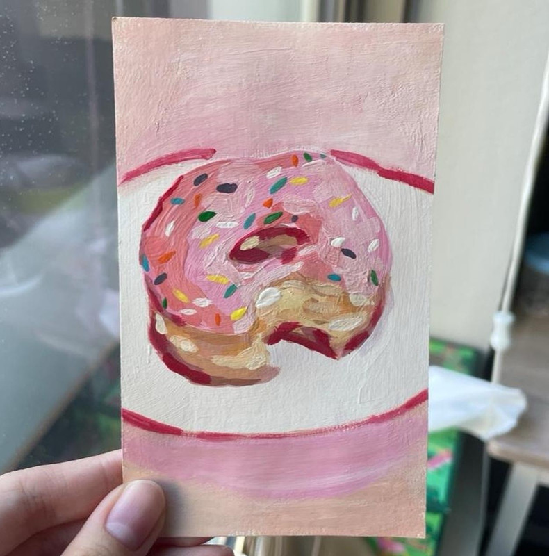 Original Small Contemporary Still Life Donut Painting on Paper, Unframed