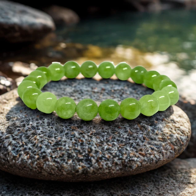 Pulsera de piedras preciosas de peridoto verde - Joyería de cristal hecha a mano de 8 mm para curación Foto 3 de 4