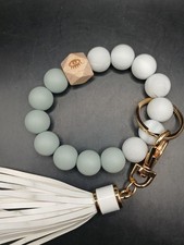 Silicone Beaded Wristlet Keychain with Wood Charm and Tassle Keychain