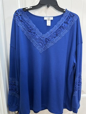 Moa Moa  Woman Royal Blue Blouse Lace Inserts  Lagenlook  Casual 2x New