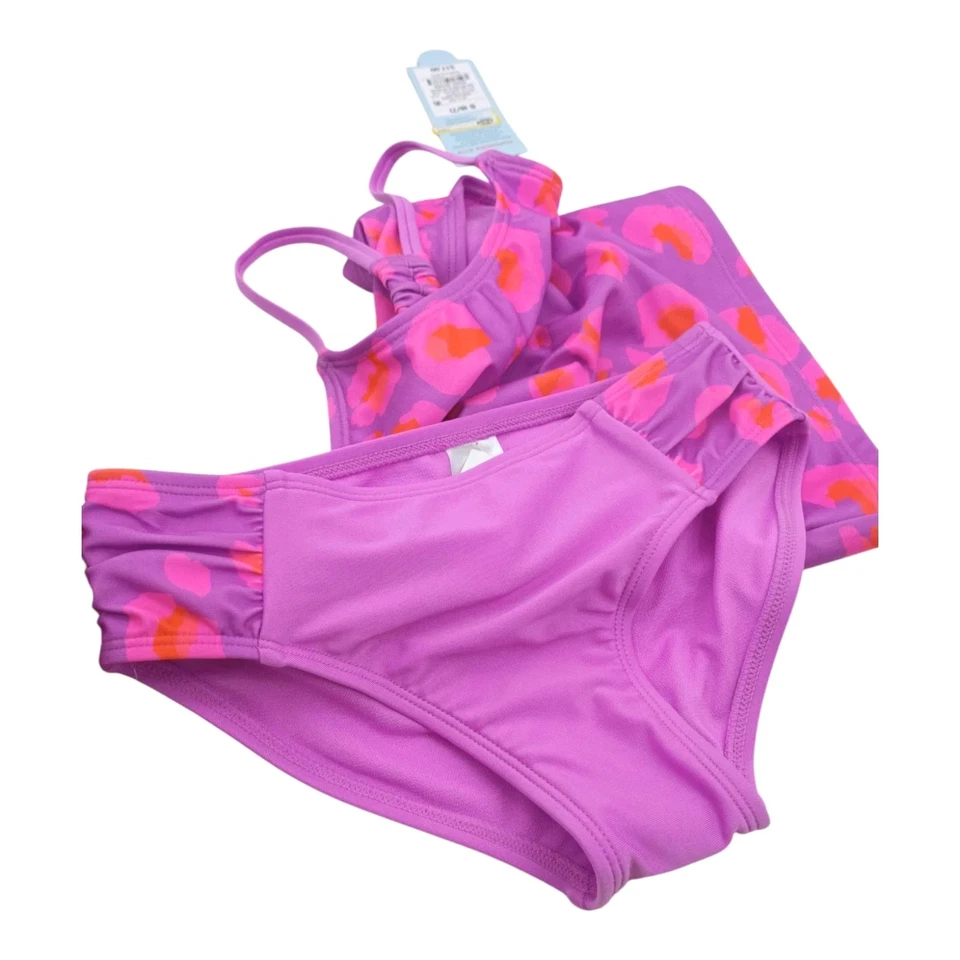 Traje de baño bikini Cat & Jack niña 2 piezas talla S 6/7 manchas de leopardo púrpura rosa UPF 50+ Foto 3 de 4