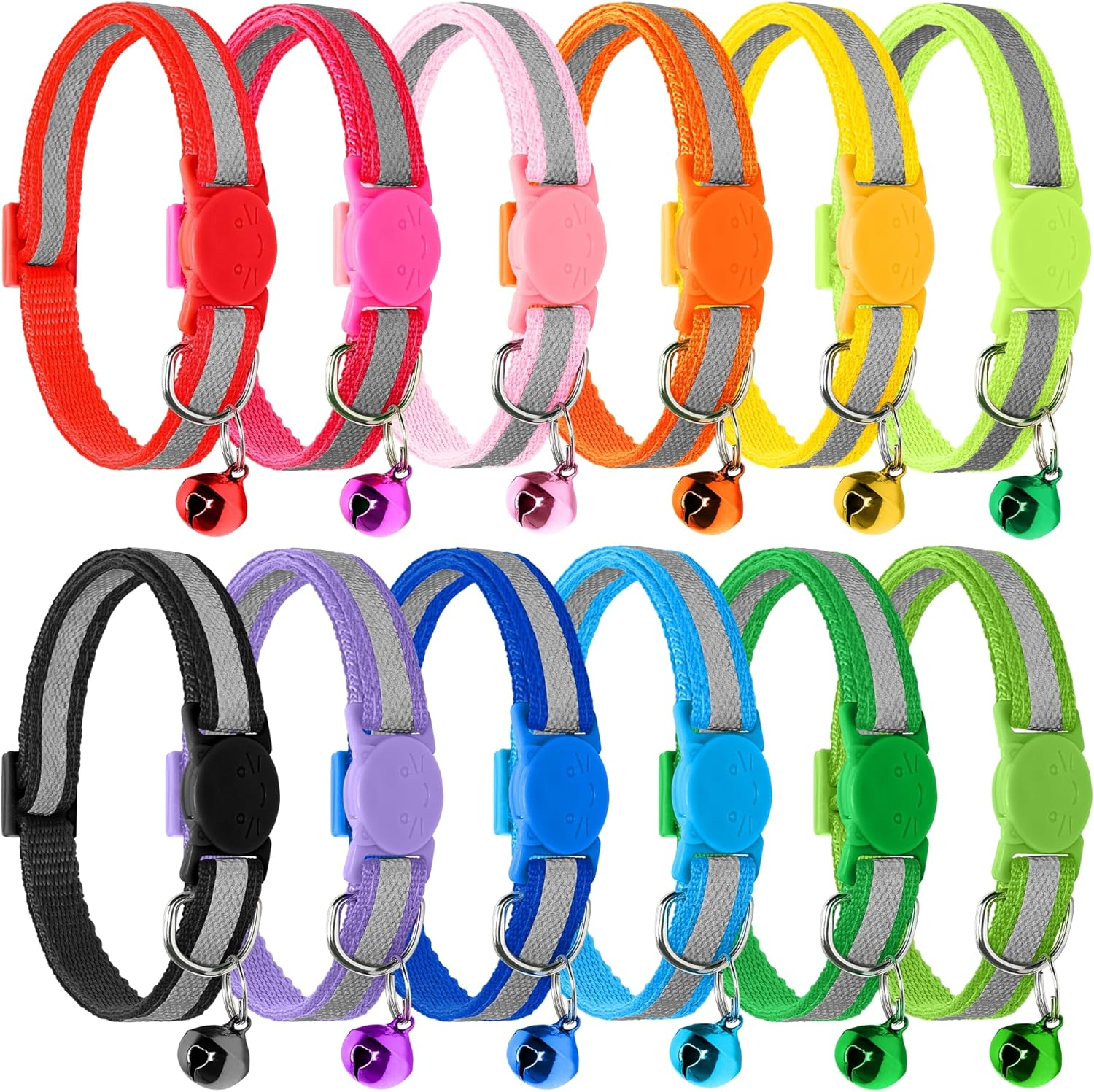 12 Pack Reflective Cat Collars with Bell, Safety Quick Release Breakaway Buckle