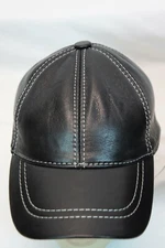 Black 100% Genuine Real Lambskin Leather Baseball Cap Hat Visor WHITE THREAD NWT