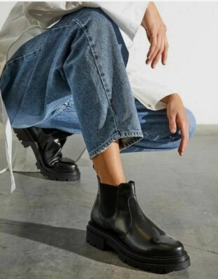 FREE PEOPLE Lola Leather Chunky Lug Sole Chelsea Black-Color