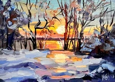 Original Oil Painting Winter Landscape Sunset Impressionism Art Signed 5x7 in