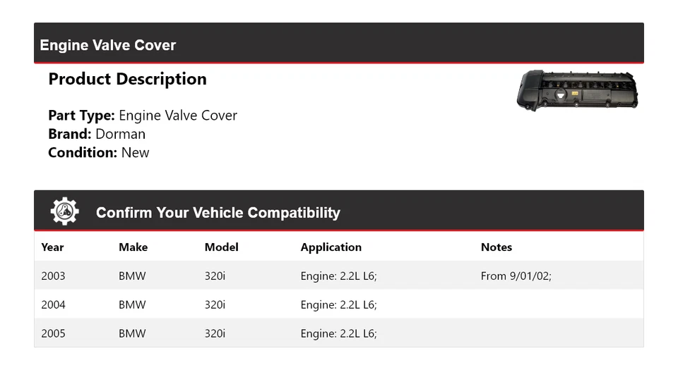 Tampa da válvula do motor Dorman 2004 para 2003-2005 BMW 320i 2.2L L6 - Imagem 2 de 4