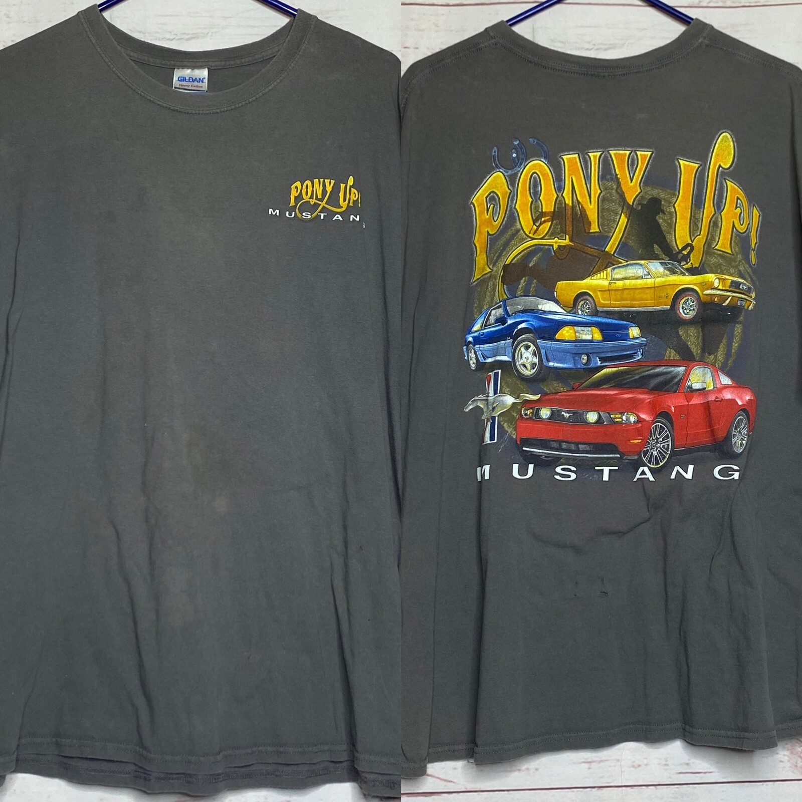 T shirt Gildan Pony Up Mustang Ford Mustang effetto invecchiato taglia 2XL!!! Leggi!!!
