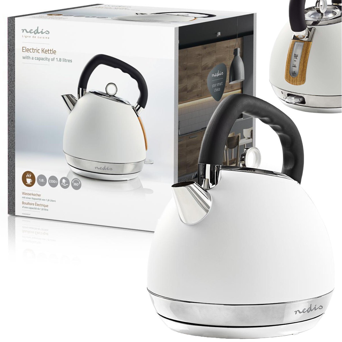 BOLLITORE VINTAGE 1,8LITRI 2200WATT COLORE BIANCO MORBITO AL TOCCO NEDIS ITALIA