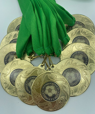 10 x Man of the Match Medaillen mit grünen Bändern Gold Fußball Medaille