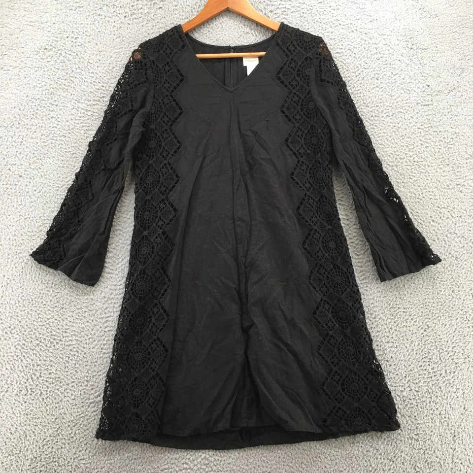 Vestido Chicos Shift Feminino 0.5 Preto Crochê Renda Lateral Decote V Manga Longa Algodão - Imagem 3 de 4