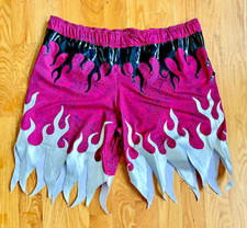 Men's Pro Wrestling Baggy Shorts Pink w/ Silver & Black Flames Sz XXXL