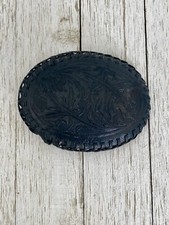 ESTATE FIND  Vintage Black Leather Tooled Western Belt Buckle