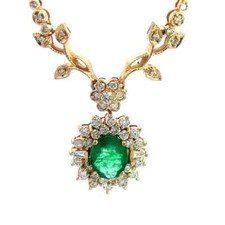 Emerald Diamond Gold Pendant Halo Style 14k Yellow Floral Link Necklace
