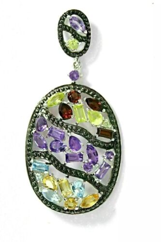 Silver Pendant Topaz Amethyst Garnet Genuine Gems Part Black Rhodium With Chain - Picture 21 of 24