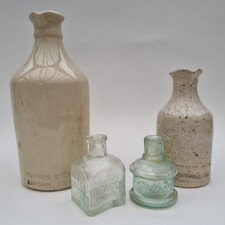 Antique PRIDGE'S INKS Stoneware Ink Pots x 2 Glass Ink Bottles x2 Victorian 1890