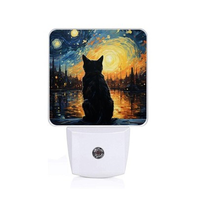 Lonely Cat Night Light, Plug-into Starry Night Nightlight White LED Lamp, Ene...