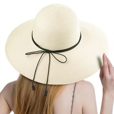 Womens Summer Wide Brim Straw Hat Beach Foldable Sun Hat, Floppy Roll Up,UPF 50 