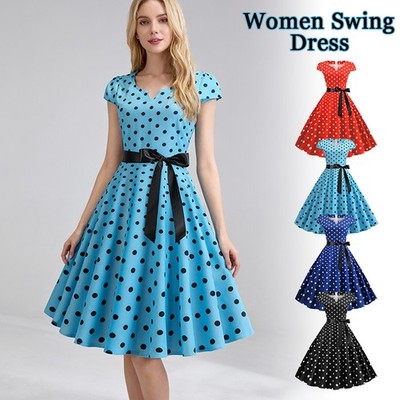 Vintage Lady Polka Dot Swing Dress Sash Belt Retro Cap Sleeve A-Line Midi  Dress. | eBay