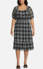NEW Terra Sky Smocked Plaid Mesh Dress Black WHite Short Sleeve Size 3X 24/26W
