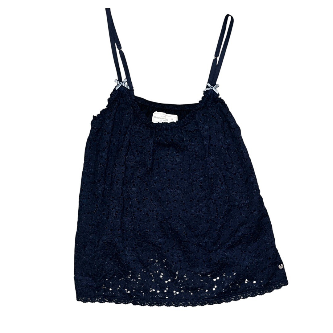 Y2K Abercrombie & Fitch Eyelet Lace Navy Babydoll Cami Bow Strap Top Size M
