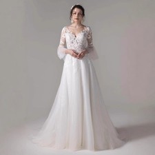 1 pc XL Wedding Dresses Shoulder Sweep Train A-Line Lace Applique Bridal Gown