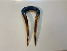 Antique Victorian Hair Comb Ornament w/ Faux Tortoise Shell and blue stones 3.5”