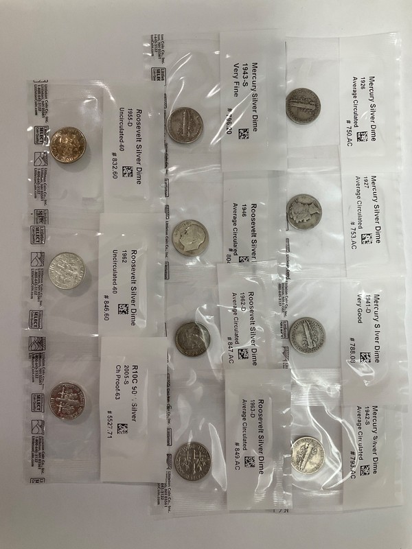 LOT of 11 SILVER DIMES MERCURY ROOSEVELT 90% SILVER DIMES- (1) Proof, (2) Unciru
